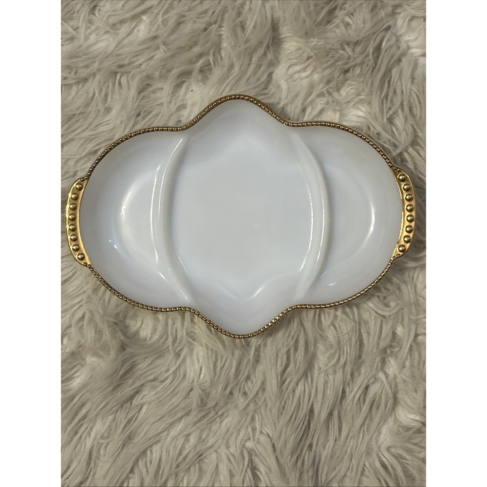 Vtg Anchor Hocking Fire King Milk Glass Divided Relish Tray Gold Trim Oven Ware